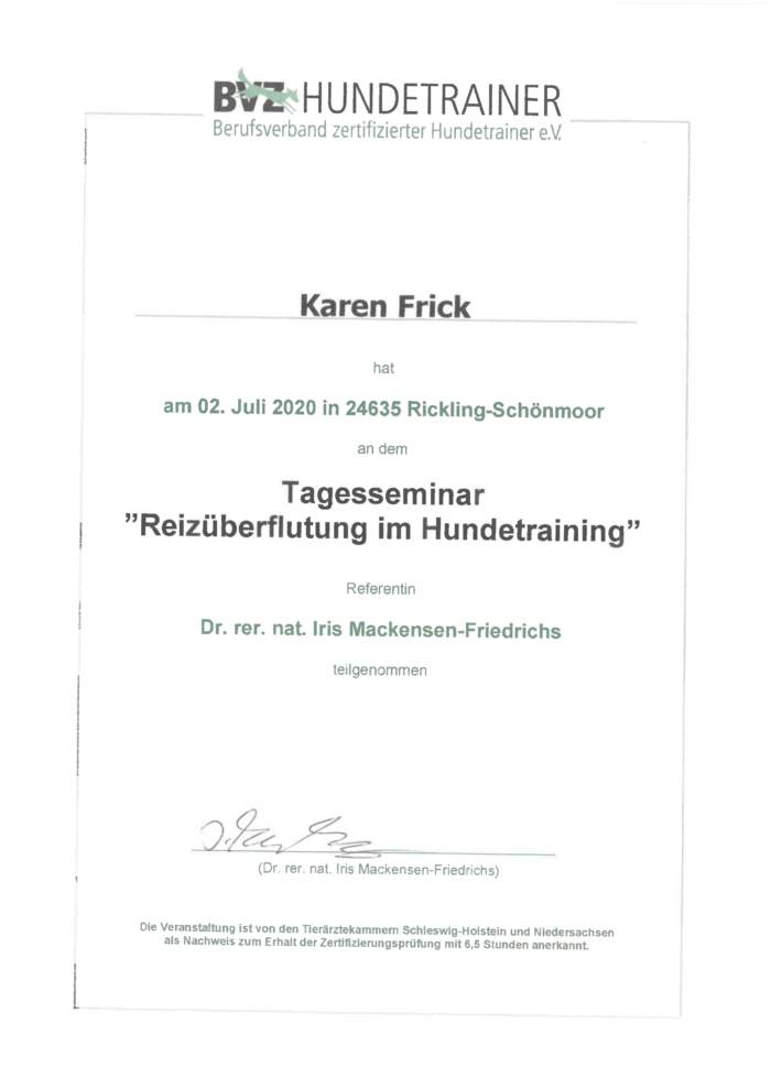 Hundetraining Kreis Segeberg - Karen Frick - zertifizierte Hundetrainerin - Zertifikat "Reizüberflutung im Hundetraining"