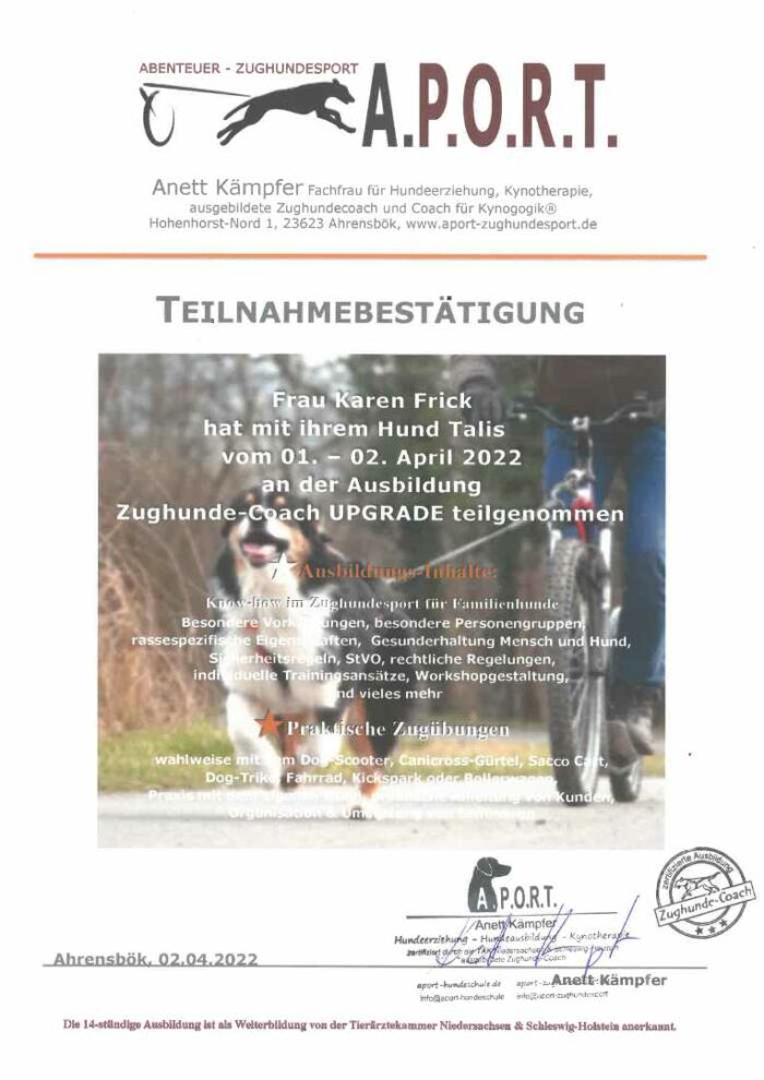 Hundetraining Kreis Segeberg - Karen Frick - zertifizierte Hundetrainerin - Zertifikat "Teilnahmebestätigung Zughundecoach"