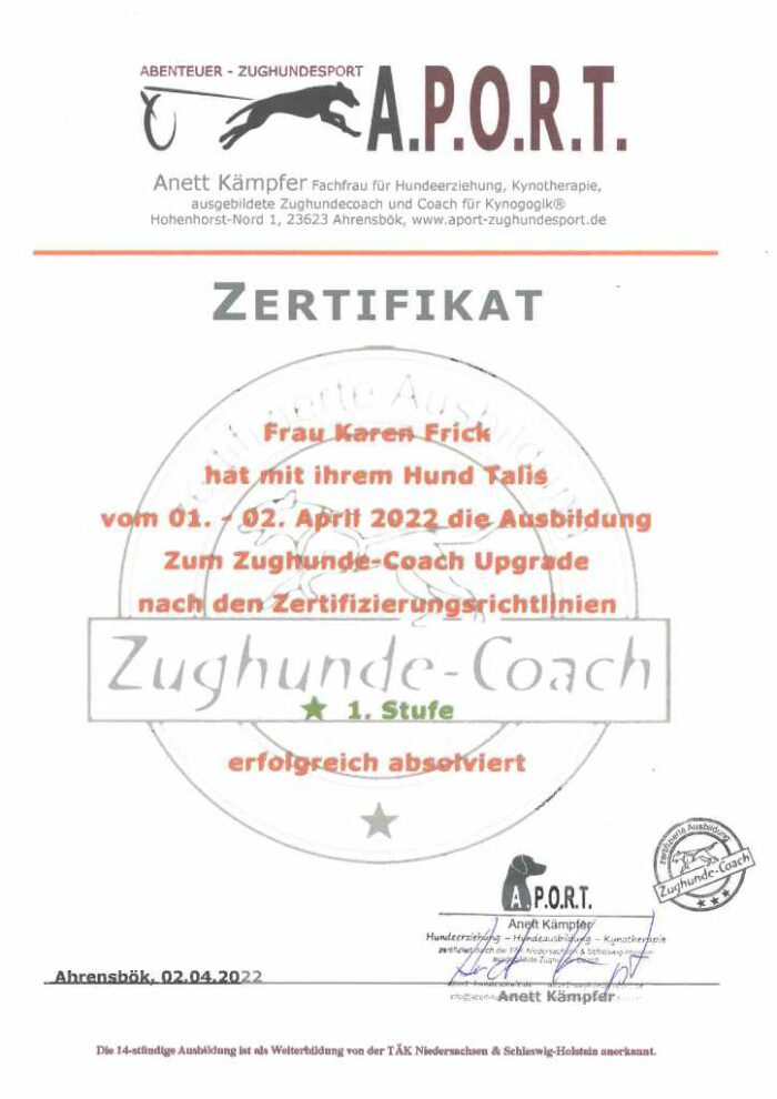 Hundetraining Kreis Segeberg - Karen Frick - zertifizierte Hundetrainerin - Zertifikat "Zughundecoach"